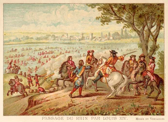 Ludvig XIV av Frankrike korsar Rhen, 1672 (chromolitho)